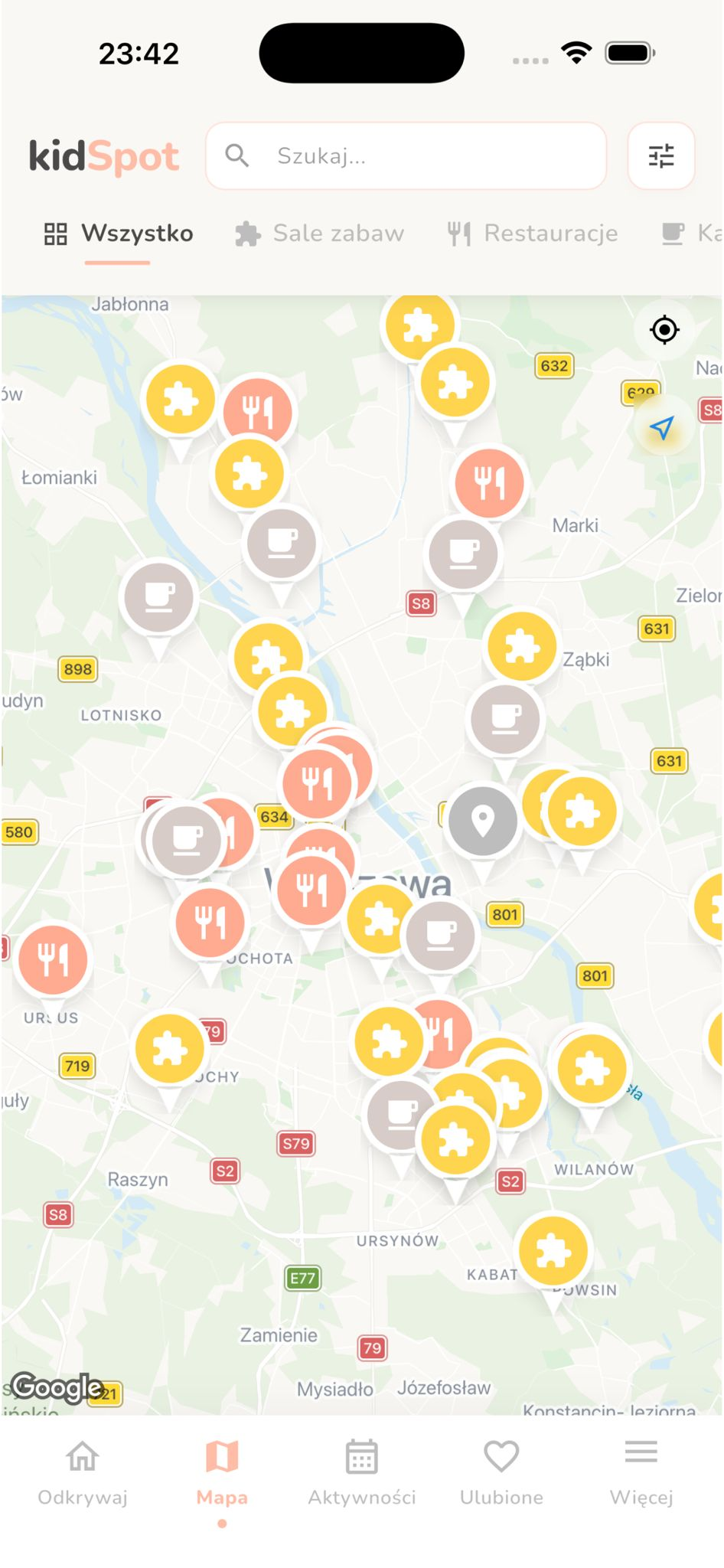 Mapa miejsc w aplikacji KidSpot